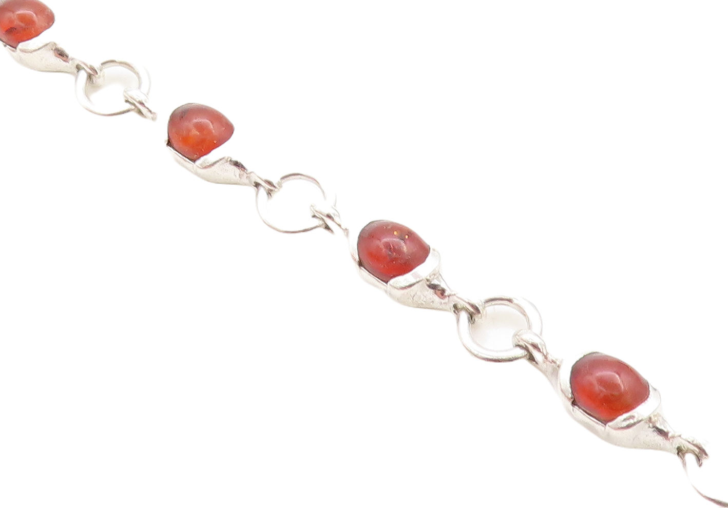 925 Sterling Silver  Cabochon Cut Amber Round Link Chain Bracelet  BT2158