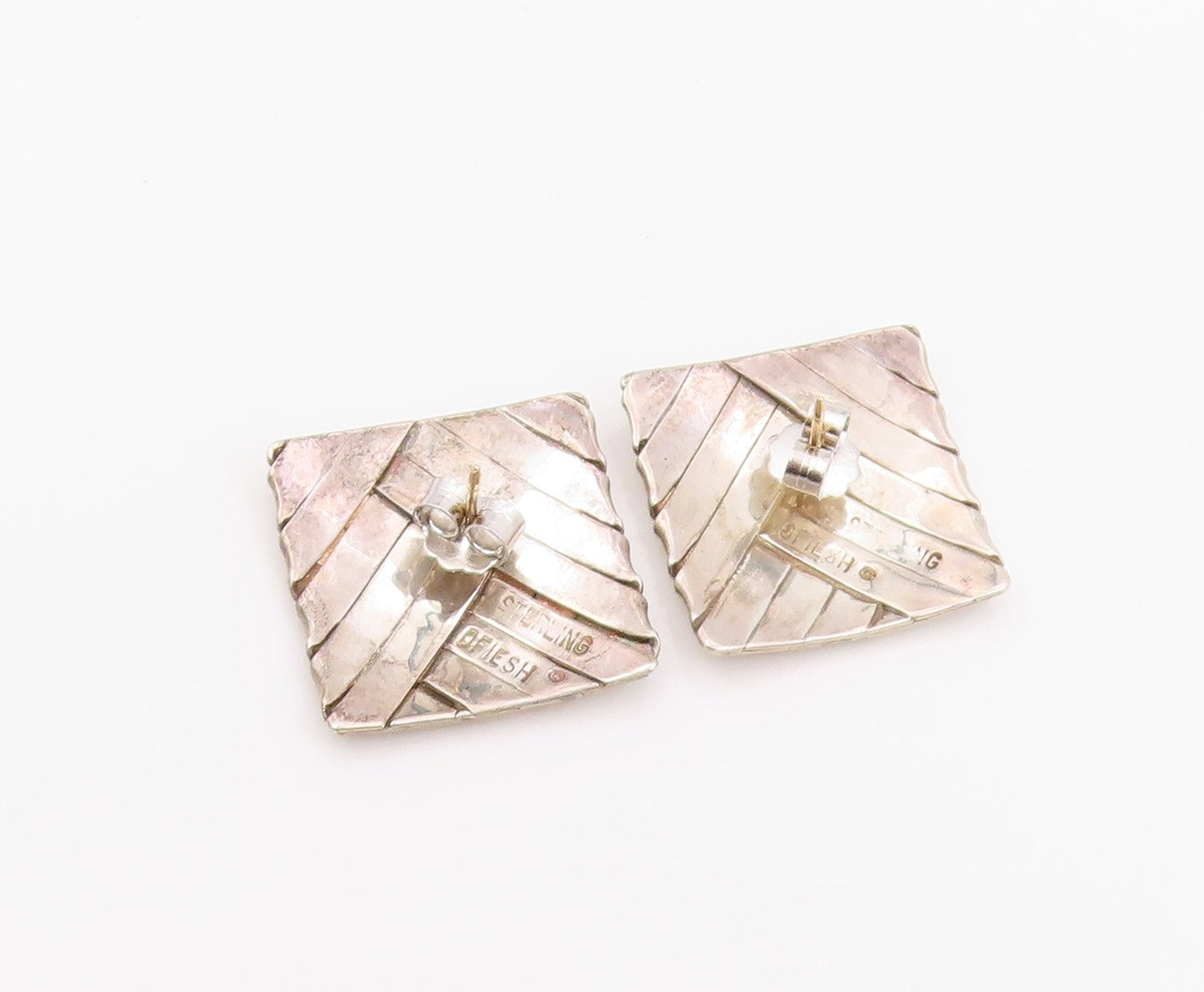 14k Gold & 925 Sterling Silver Vintage Earrings OFIESH Basket Weave Stud EG14062