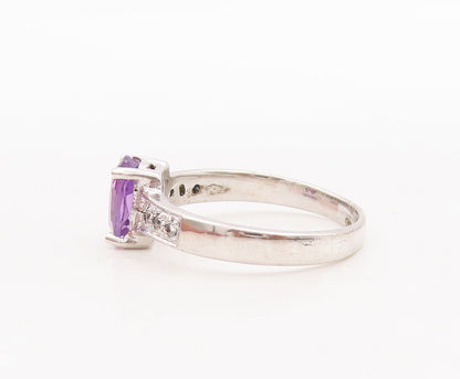 925 Sterling Silver Vintage Ring Oval Cut Amethyst Diamonds Inlay Sz 7.5 RG29380