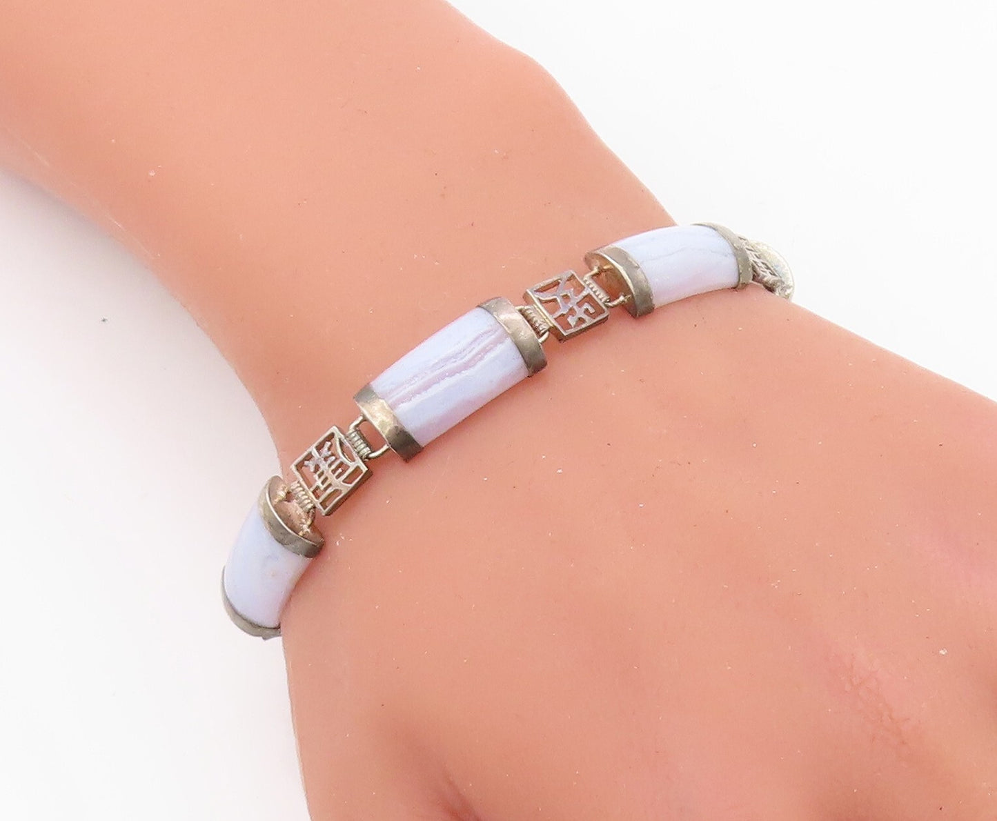 925 Sterling Silver Vintage Bracelet Chinese Purple Gemstone Linked  BT10803