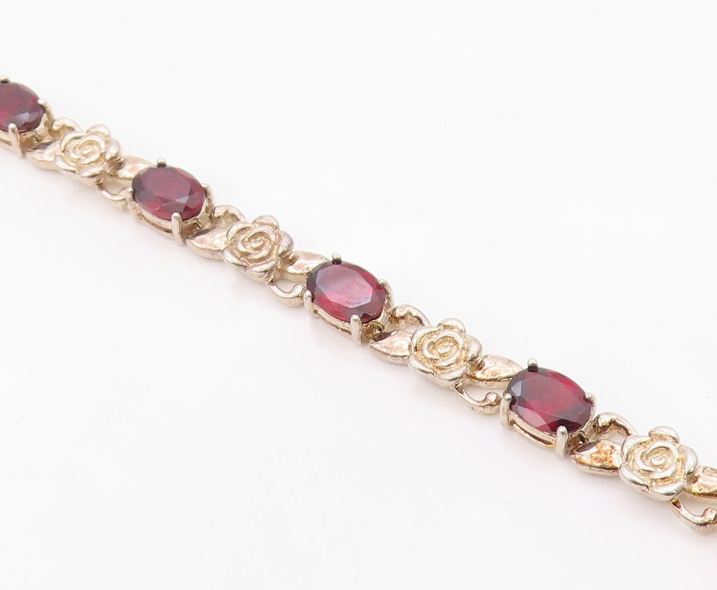 925 Sterling Silver Vintage Bracelet Elegant Garnet Carved Rose Link  BT12123