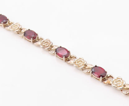 925 Sterling Silver Vintage Bracelet Elegant Garnet Carved Rose Link  BT12123