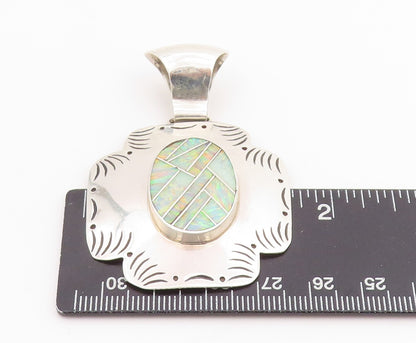 925 Sterling Silver Vintage Pendant NAVAJO Fire Opal Inlay Etched Design PT25159