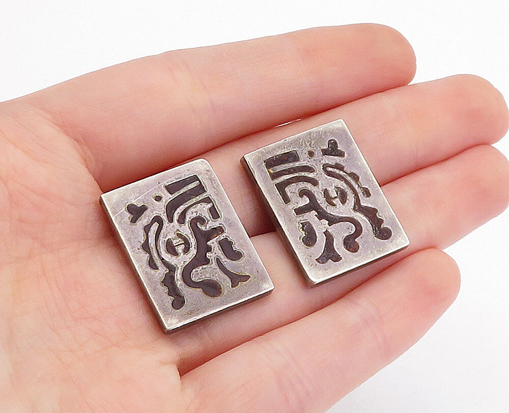 MEXICO 925 Sterling Silver  Vintage Enamel Patterned Square Cuff Links  TR1124