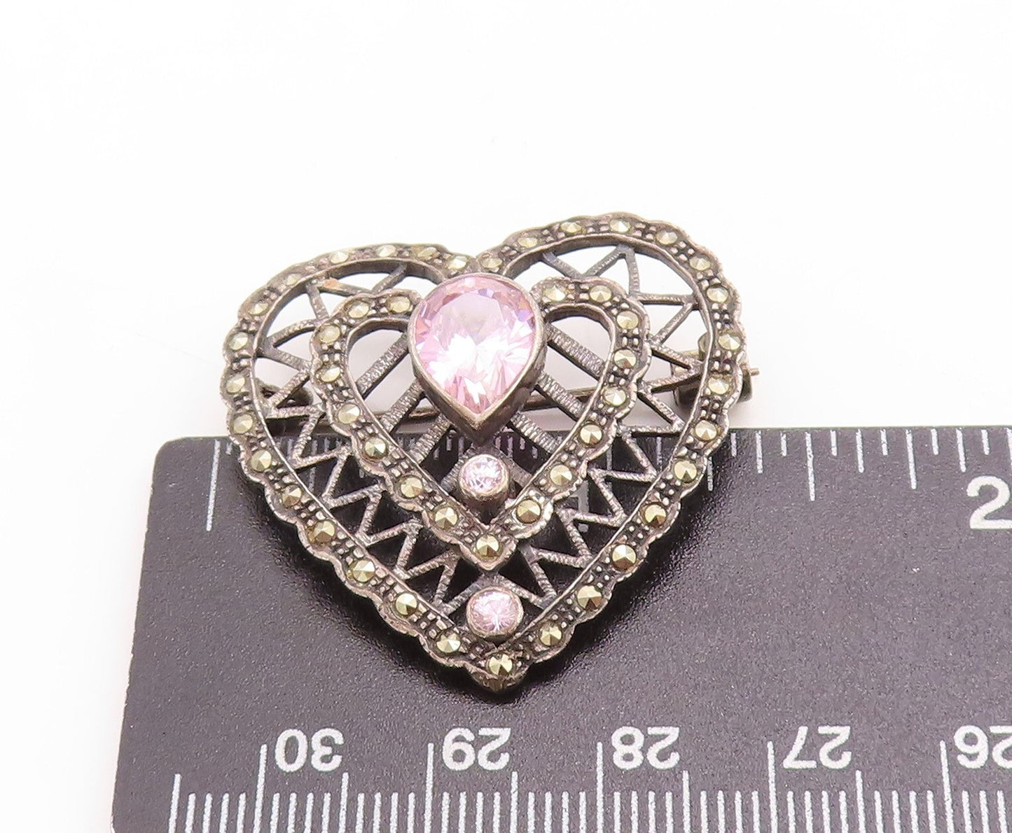 925 Sterling Silver Vintage Brooch Pin Dark Tone Designer Cut CZ Heart  BP11420