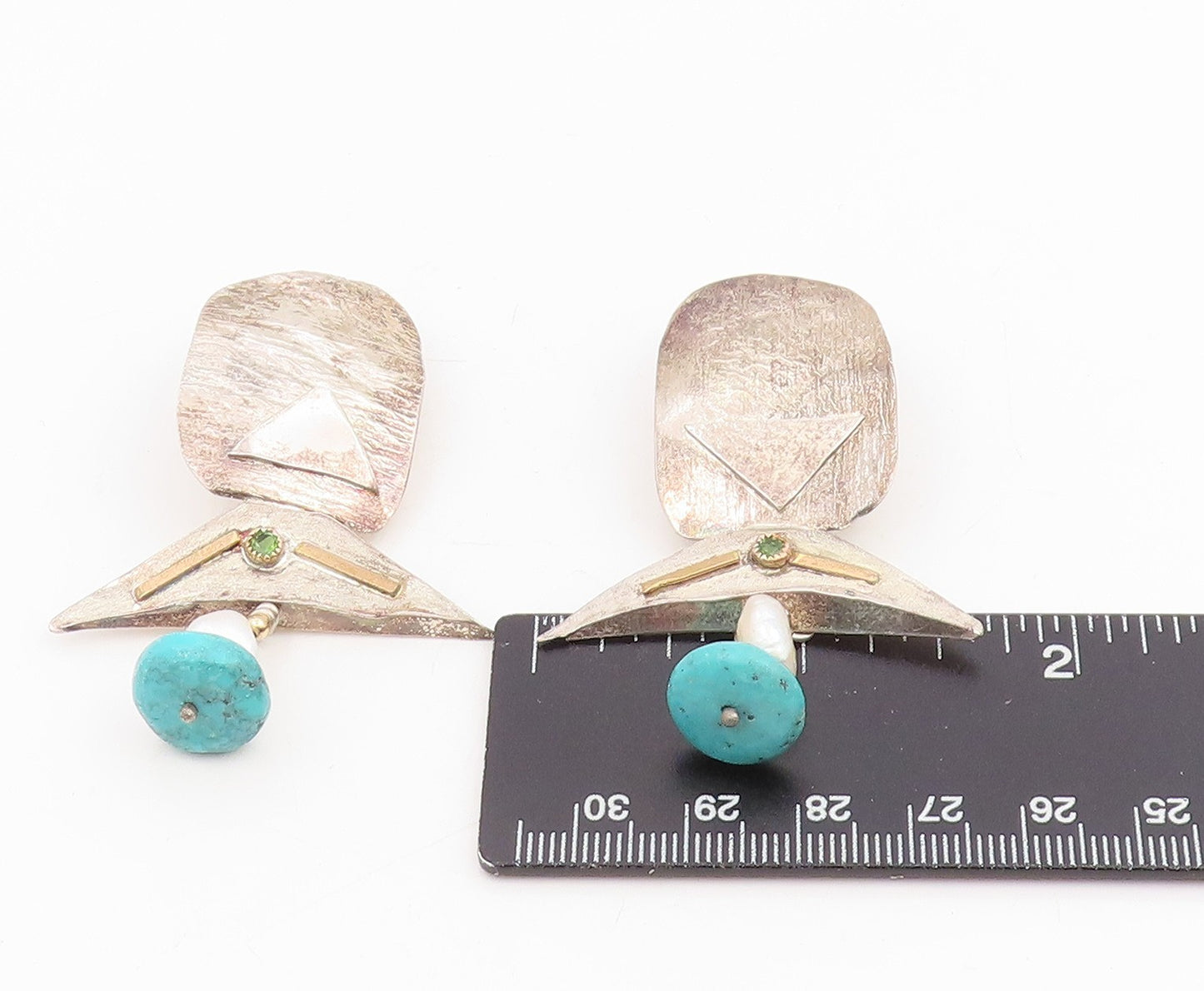 14k Gold & 925 Sterling Silver Vintage Earrings Modernist Multi Gemstone EG14061