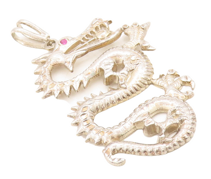 925 Sterling Silver Vintage Pendant Carved Large CZ Eyed Chinese Dragon  PT23812