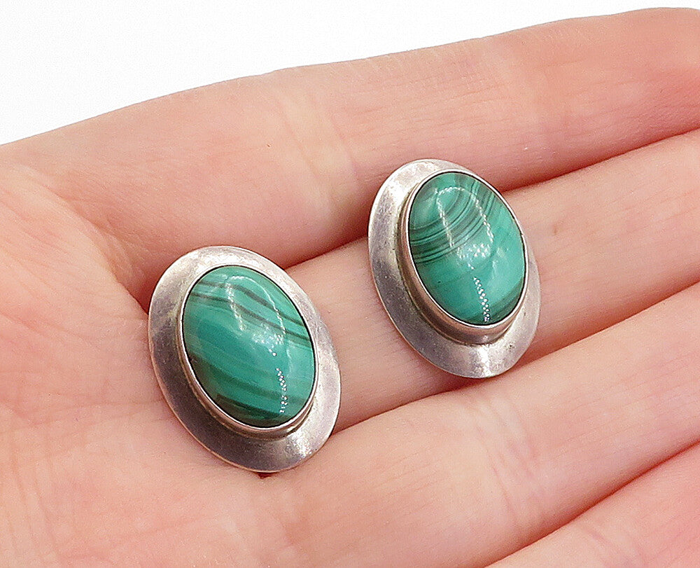 NAVAJO 925 Sterling Silver  Vintage Cabochon Malachite Drop Earrings  EG2184