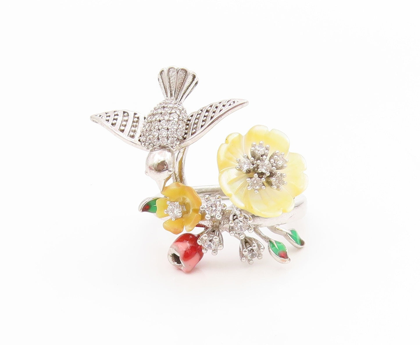 925 Sterling Silver Vintage Ring Round CZ Hummingbird Floral Band  Sz 7  RG34526