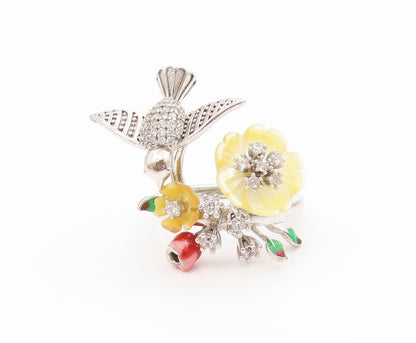 925 Sterling Silver Vintage Ring Round CZ Hummingbird Floral Band  Sz 7  RG34526