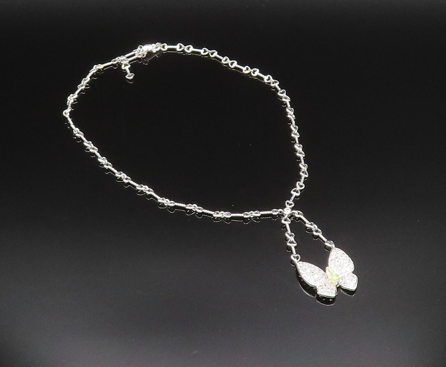 925 Silver  Vintage Peridot & Cubic Zirconia Butterfly & Heart Necklace NE3904