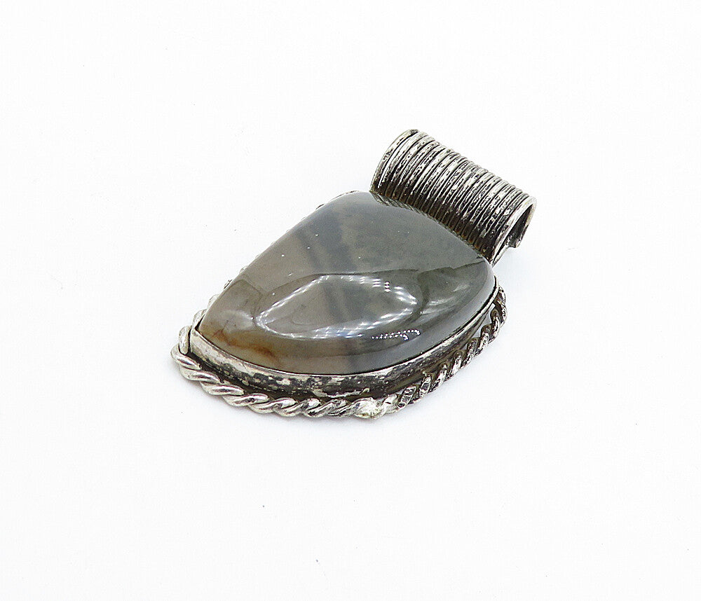 925 Sterling Silver Vintage Cabochon Agate Twist Border Slide Pendant PT4285