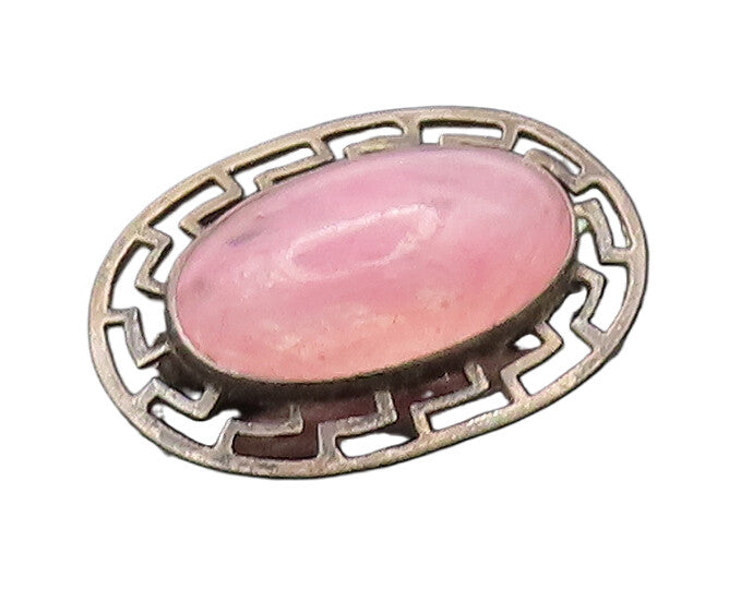925 Sterling Silver Vintage Brooch Pin Oval Pink Quartz Halo Caved Maze  BP10626