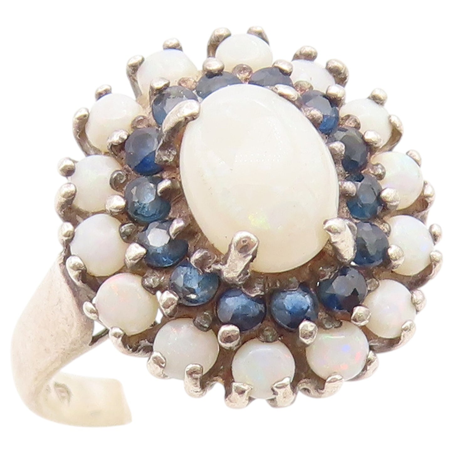 925 Sterling Silver Vintage Ring Opal & Sapphire Floral Cluster  Sz 7  RG36814