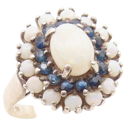 925 Sterling Silver Vintage Ring Opal & Sapphire Floral Cluster  Sz 7  RG36814