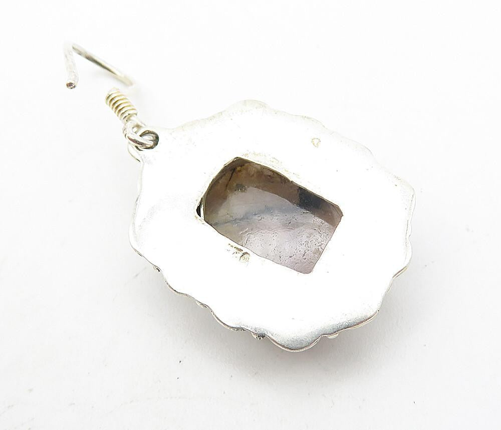 925 Sterling Silver  Vintage Cabochon Cut Agate Floral Dangle Earrings  EG3776