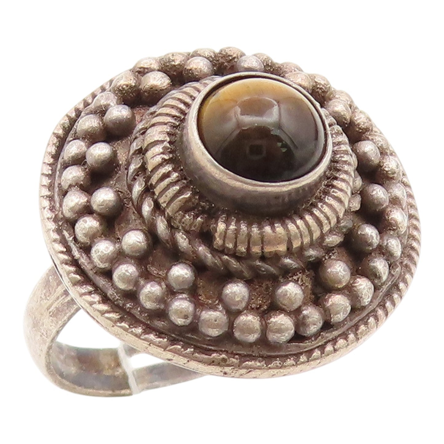 925 Sterling Silver Vintage Ring Round Tiger's Eye Beaded Dome  Sz 8.5  RG35247