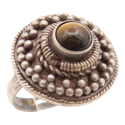 925 Sterling Silver Vintage Ring Round Tiger's Eye Beaded Dome  Sz 8.5  RG35247