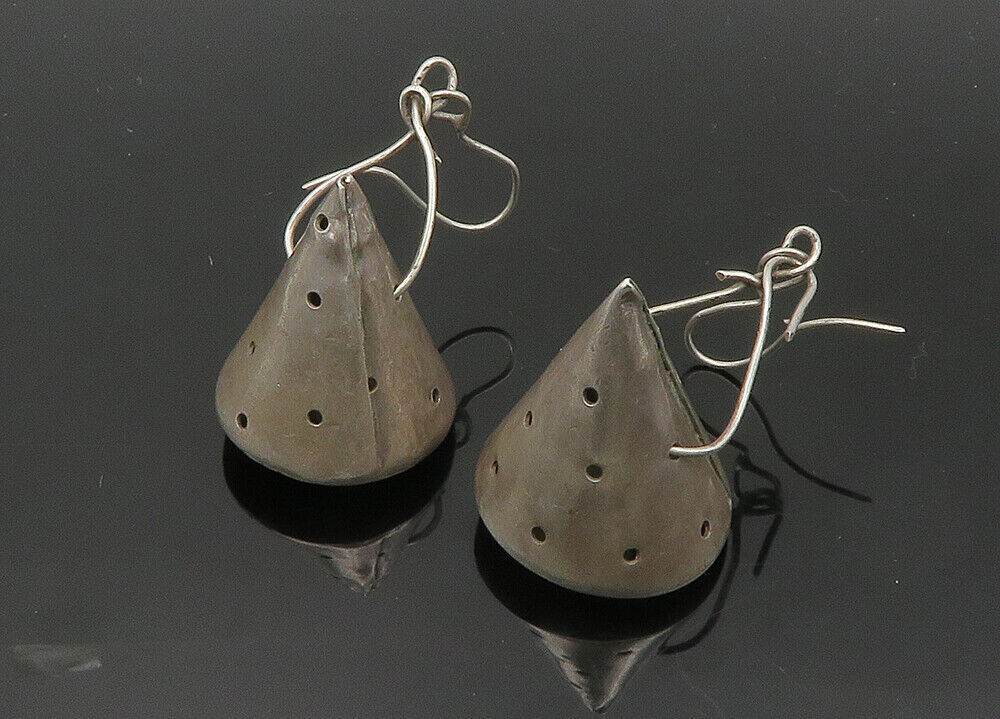 925 Sterling Silver  Vintage Dotted Cone Shape Heavy Drop Earrings  EG10227