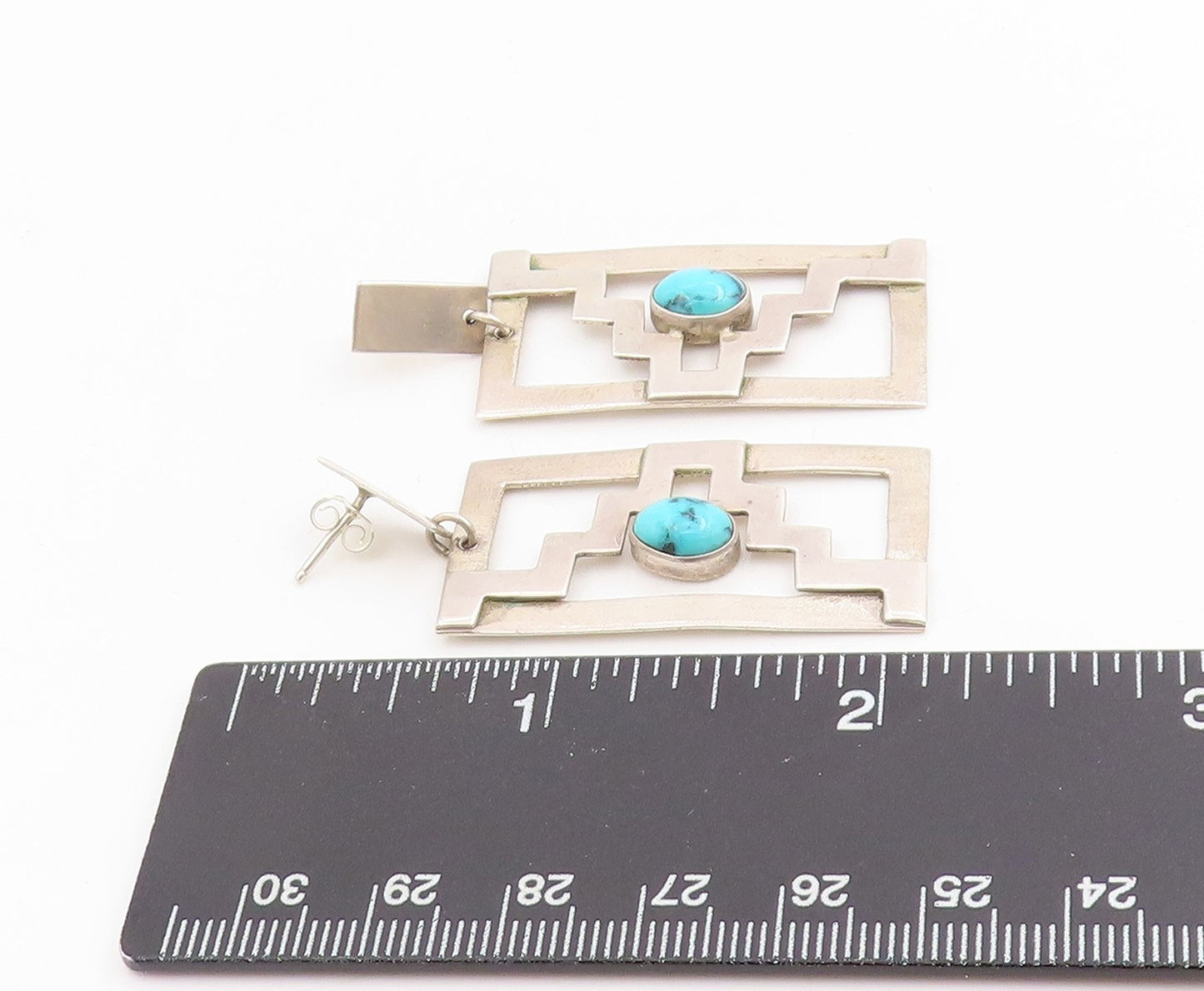 925 Sterling Silver Vintage Earrings Cabochon Turquoise Geometric Dangle EG13749