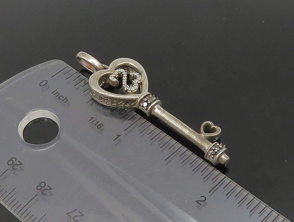 925 Silver  Vintage Genuine Black & White Diamonds Heart Key Pendant  PT19687