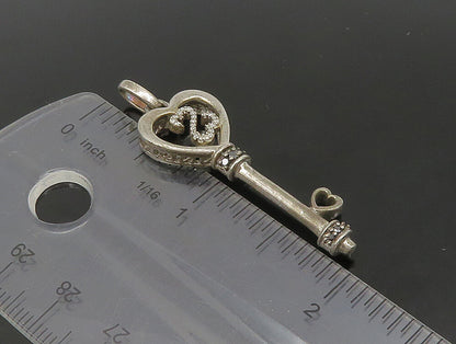 925 Silver  Vintage Genuine Black & White Diamonds Heart Key Pendant  PT19687