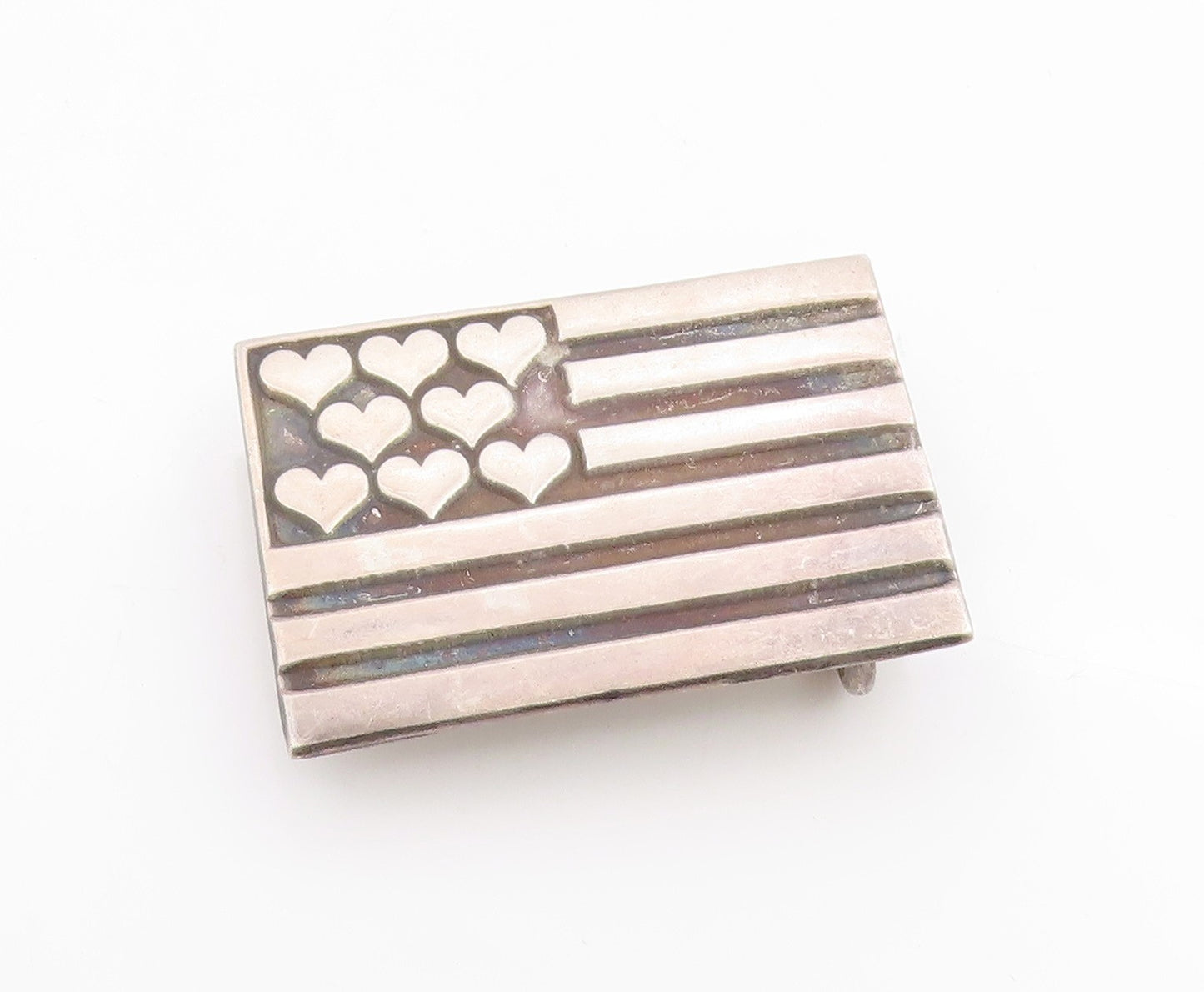 925 Sterling Silver Vintage Belt Buckle Etched Love Hearts On US Flag  TR3963