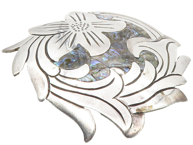 M. OCAMPPO TAXCO 925 Silver  Vintage Abalone Shell Floral Brooch Pin  BP4012