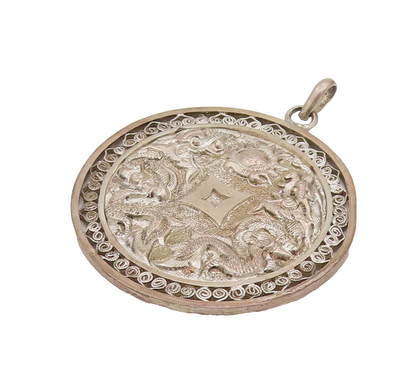 925 Silver  Vintage Carved Chinese Dragon & Swirly Cutout Ends Pendant PT22048