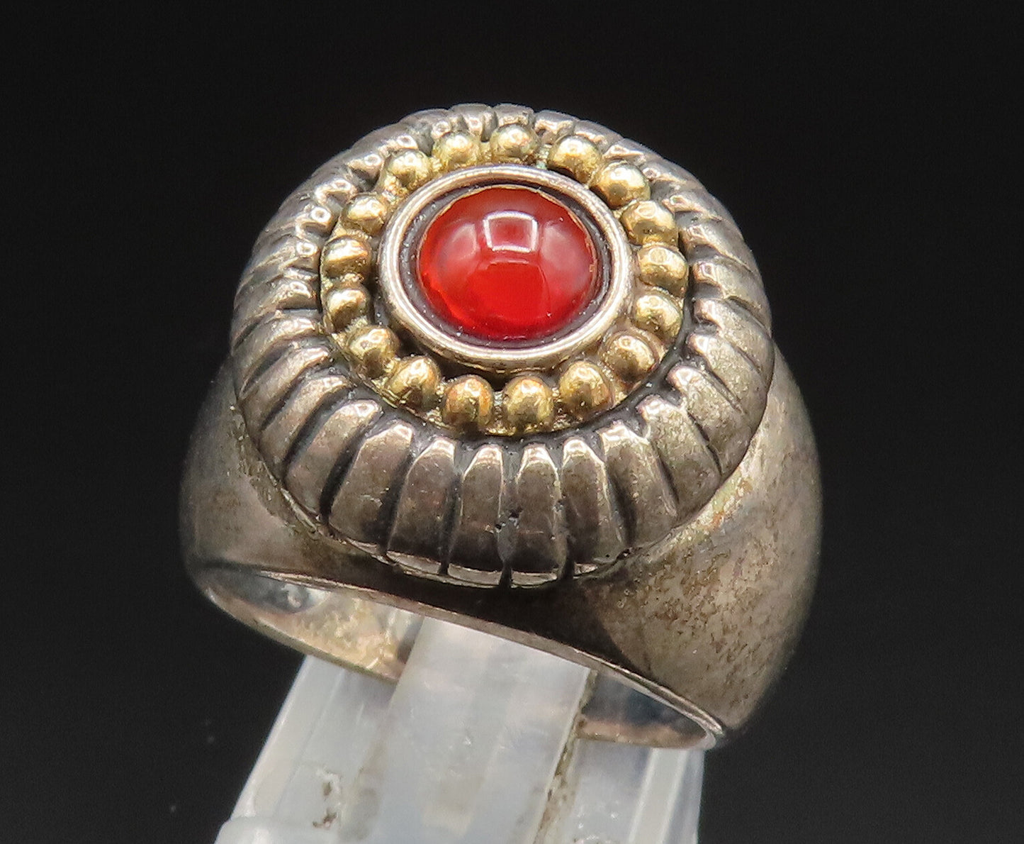 14K GOLD & 925 Silver  Vintage Carnelian Etched Flower Dome Ring Sz 7  RG24578