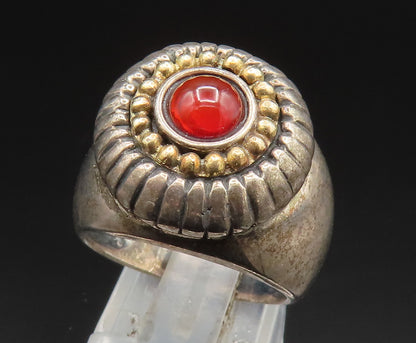 14K GOLD & 925 Silver  Vintage Carnelian Etched Flower Dome Ring Sz 7  RG24578