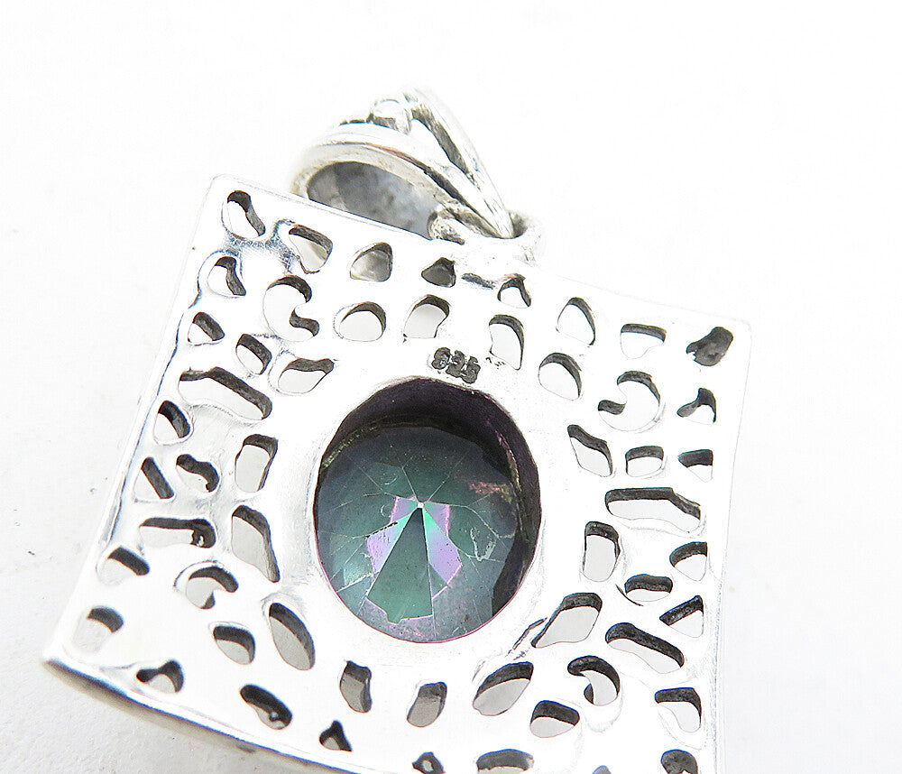 925 Sterling Silver  Mystic Topaz Shiny Cutout Square Drop Pendant  PT3380