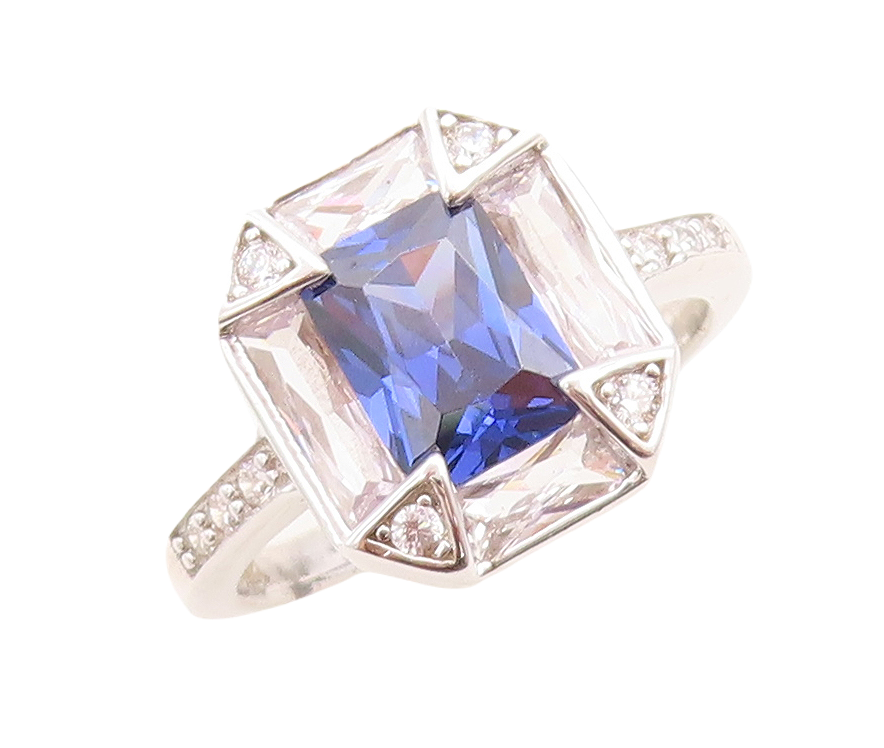 925 Sterling Silver Vintage Ring Rectangle Sapphire Halo CZ Frame  Sz 7  RG30111