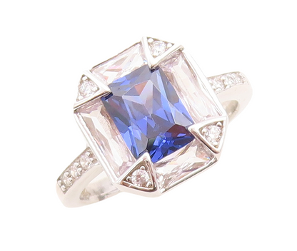 925 Sterling Silver Vintage Ring Rectangle Sapphire Halo CZ Frame  Sz 7  RG30111