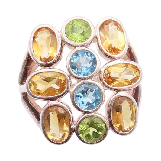 925 Sterling Silver Vintage Ring Citrine Peridot Blue Topaz  Sz 5  RG32257