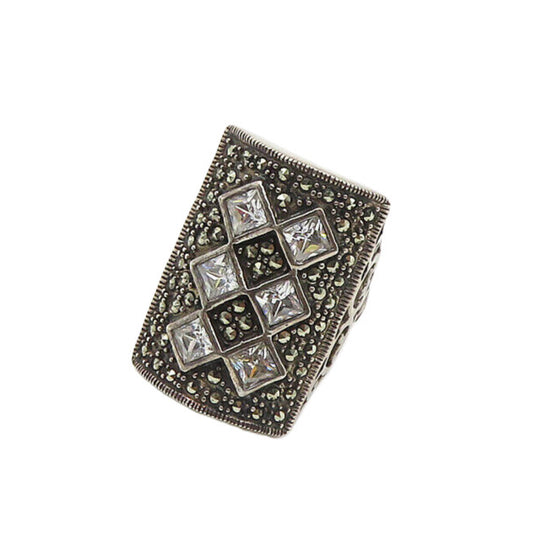925 Silver  Vintage Cubic Zirconia & Marcasite Cocktail Ring Sz 7  RG18131