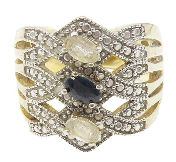 925 Sterling Silver  Vintage Topaz & Sapphire Split Band Ring Sz 8 RG11231