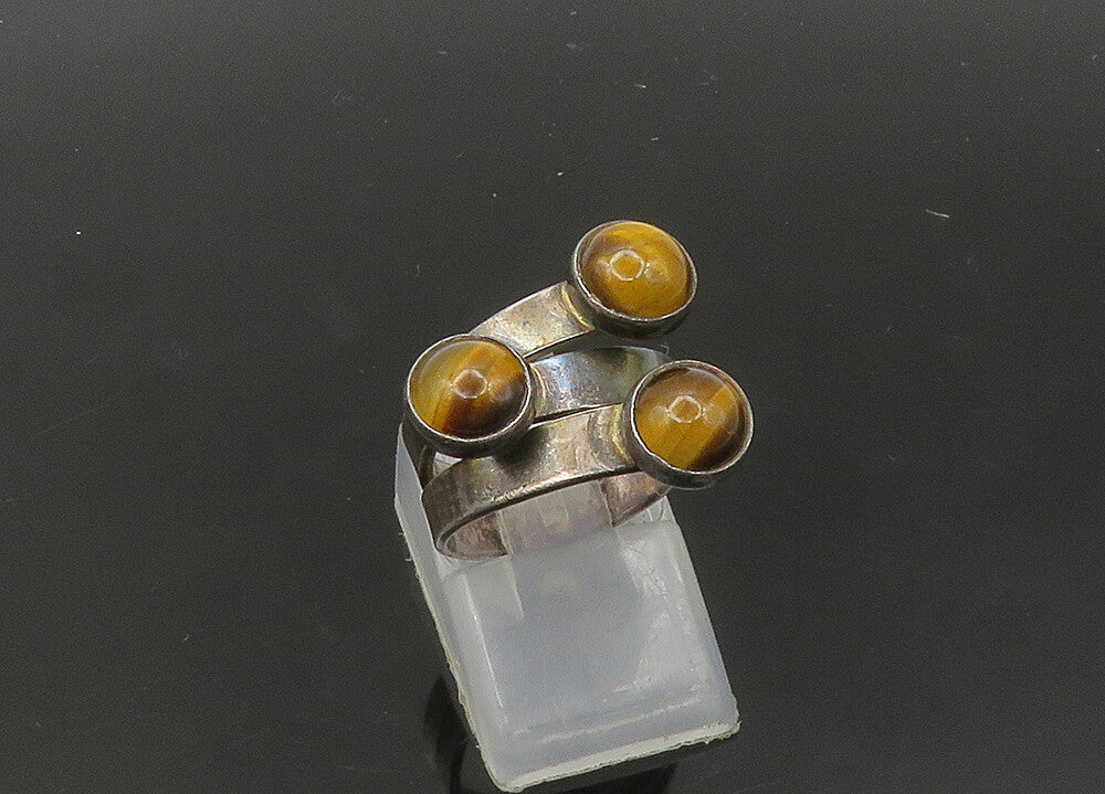 ISRAEL 925 Silver  Vintage Cabochon Cut Tiger's Eye Band Ring Sz 5  RG21739