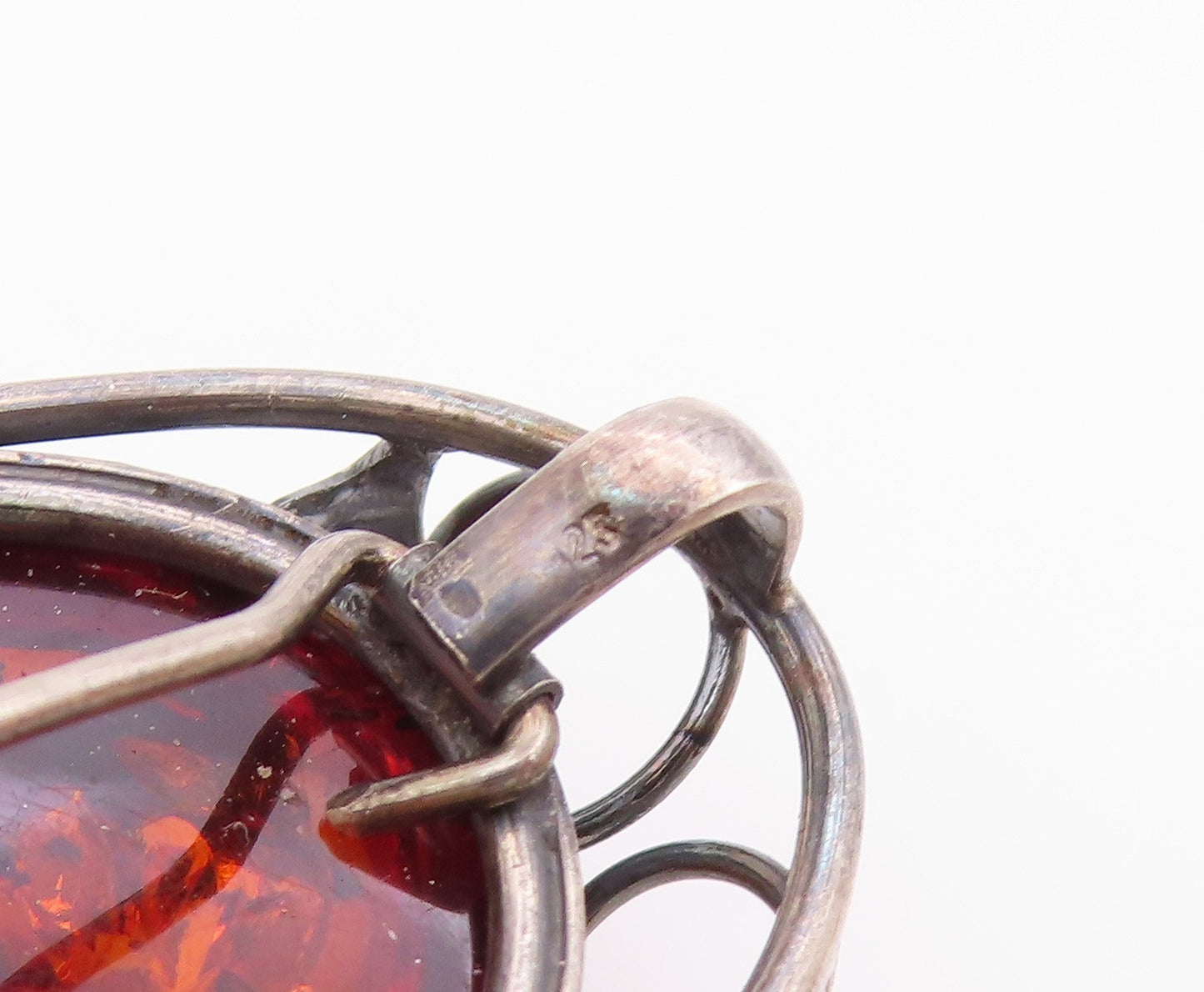 925 Sterling Silver  Vintage Cabochon Cut Amber Floral Leaf Brooch Pin  BP8463