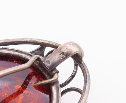 925 Sterling Silver  Vintage Cabochon Cut Amber Floral Leaf Brooch Pin  BP8463