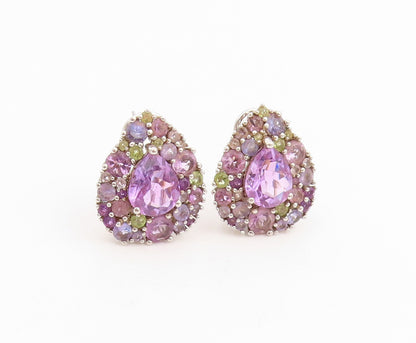 925 Sterling Silver Vintage Earrings Muti Gemstone Teardrop Cluster Stud EG13769