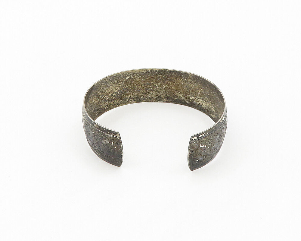 DANECRAFT 925 Silver  Vintage Dark Tone Floral Pattern Cuff Bracelet  BT6988