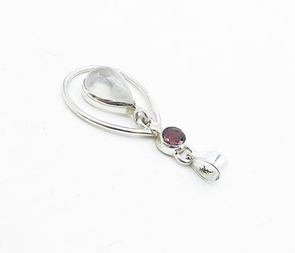 925 Sterling Silver  Quartz & Red Topaz Dangling Tear Drop Pendant  PT3378