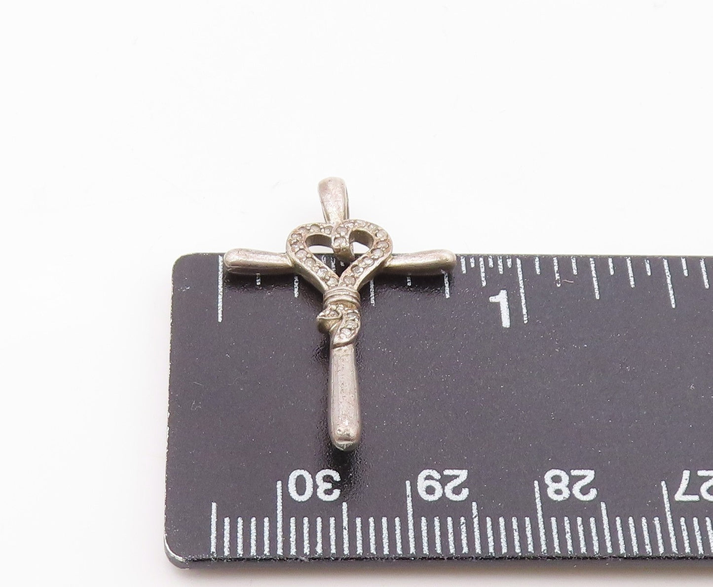 925 Sterling Silver  Vintage Genuine Diamonds Heart Cross Pendant  PT17912
