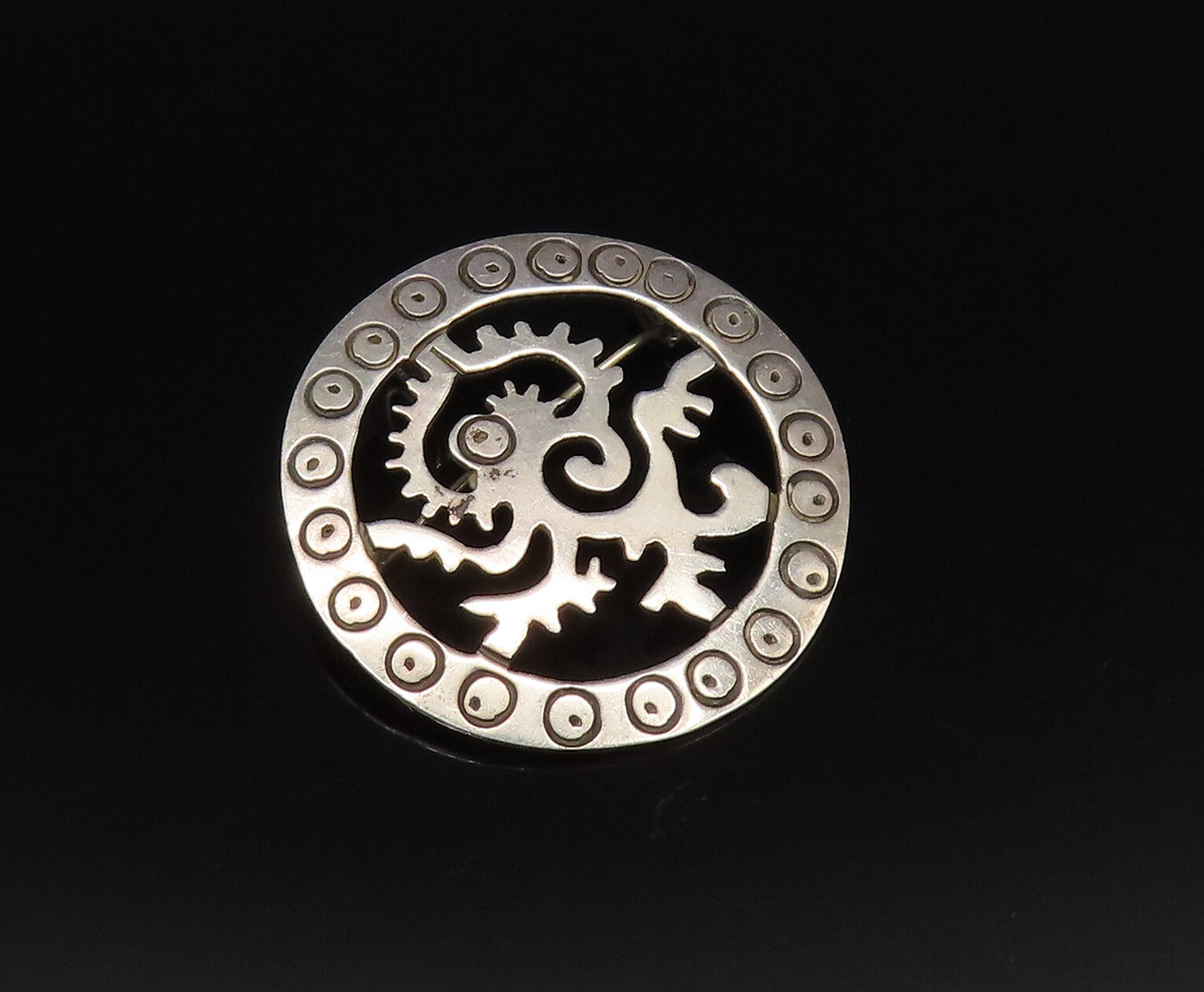 925 Sterling Silver  Vintage Circle Pattern & Dragon Cutout Brooch Pin  BP9898