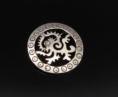 925 Sterling Silver  Vintage Circle Pattern & Dragon Cutout Brooch Pin  BP9898