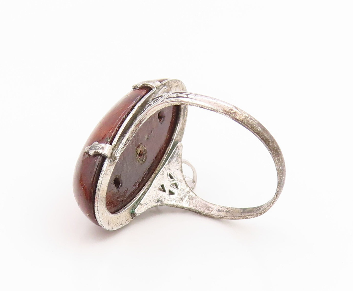 925 Sterling Silver Vintage Ring Modernist Cabochon Wooden Dome  Sz 8.5  RG35572