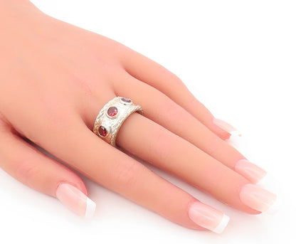 925 Sterling Silver Vintage Ring THISTLE & BEE Hammered Gemstone Sz 8 RG28135