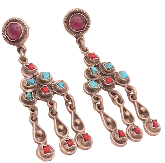 MEXICO 925 Silver  Vintage Design Turquoise & Coral Dangling Earrings  EG12483