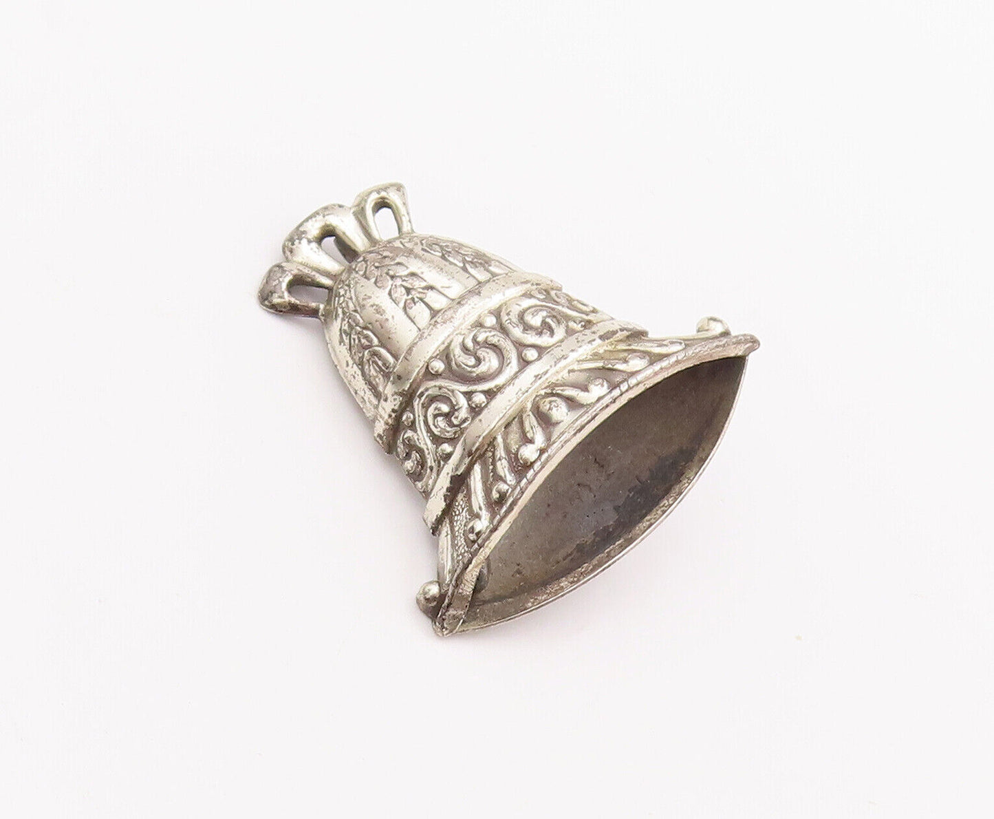 925 Sterling Silver Vintage Brooch Pin LANG Floral Swirly Carved Bell  BP10916